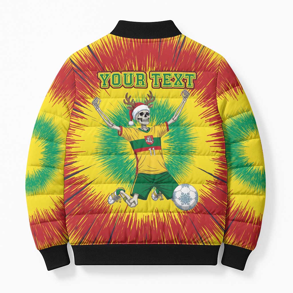 Personalized Lithuania Christmas Tie Dye Bomber Puffer Jacket Skeleton Soccer Goal Celebration Santa Hat - Wonder Print Shop