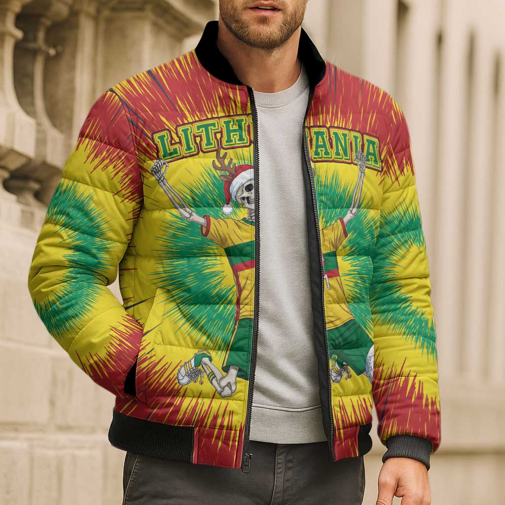 Personalized Lithuania Christmas Tie Dye Bomber Puffer Jacket Skeleton Soccer Goal Celebration Santa Hat - Wonder Print Shop