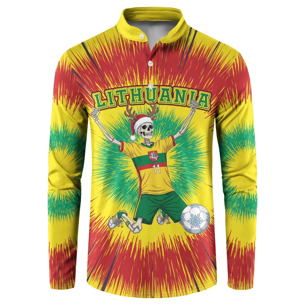 Personalized Lithuania Christmas Tie Dye Button Sweatshirt Skeleton Soccer Goal Celebration Santa Hat - Wonder Print Shop