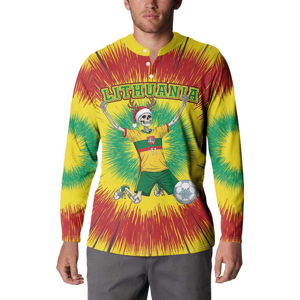 Personalized Lithuania Christmas Tie Dye Button Sweatshirt Skeleton Soccer Goal Celebration Santa Hat - Wonder Print Shop