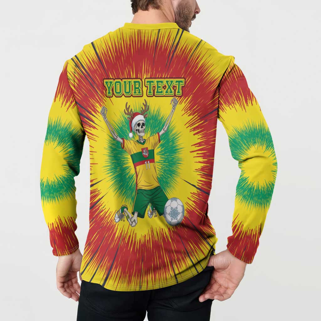 Personalized Lithuania Christmas Tie Dye Button Sweatshirt Skeleton Soccer Goal Celebration Santa Hat - Wonder Print Shop