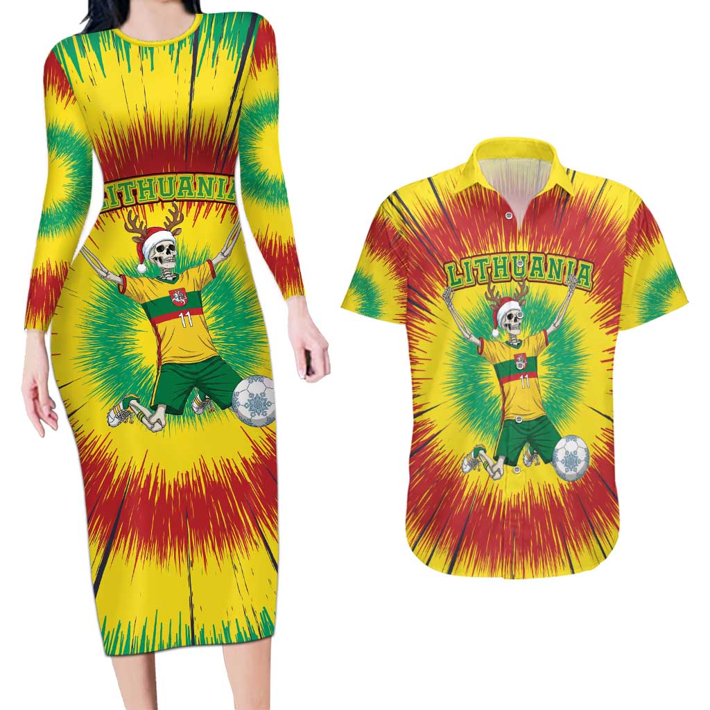 Personalized Lithuania Christmas Tie Dye Couples Matching Long Sleeve Bodycon Dress and Hawaiian Shirt Skeleton Soccer Goal Celebration Santa Hat - Wonder Print Shop