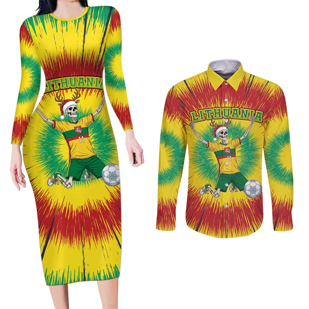 Personalized Lithuania Christmas Tie Dye Couples Matching Long Sleeve Bodycon Dress and Long Sleeve Button Shirt Skeleton Soccer Goal Celebration Santa Hat - Wonder Print Shop