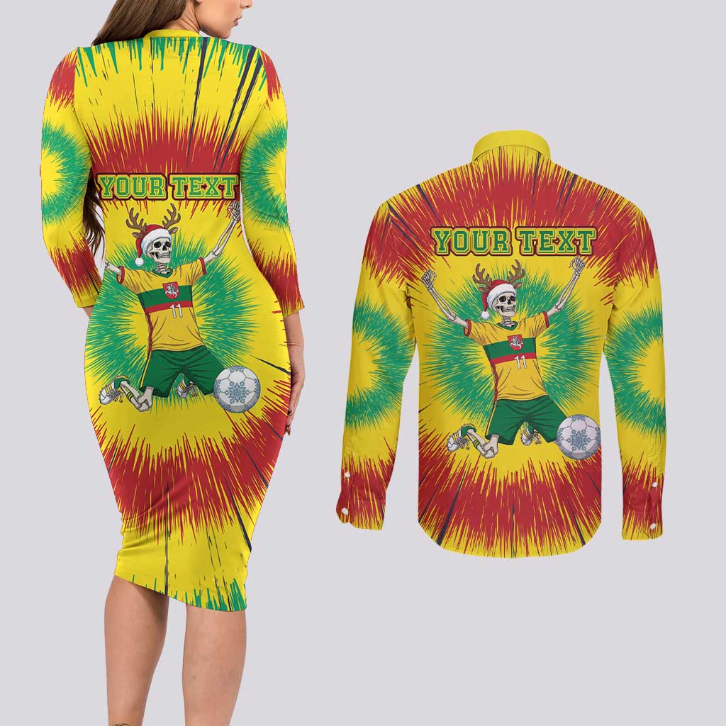 Personalized Lithuania Christmas Tie Dye Couples Matching Long Sleeve Bodycon Dress and Long Sleeve Button Shirt Skeleton Soccer Goal Celebration Santa Hat - Wonder Print Shop