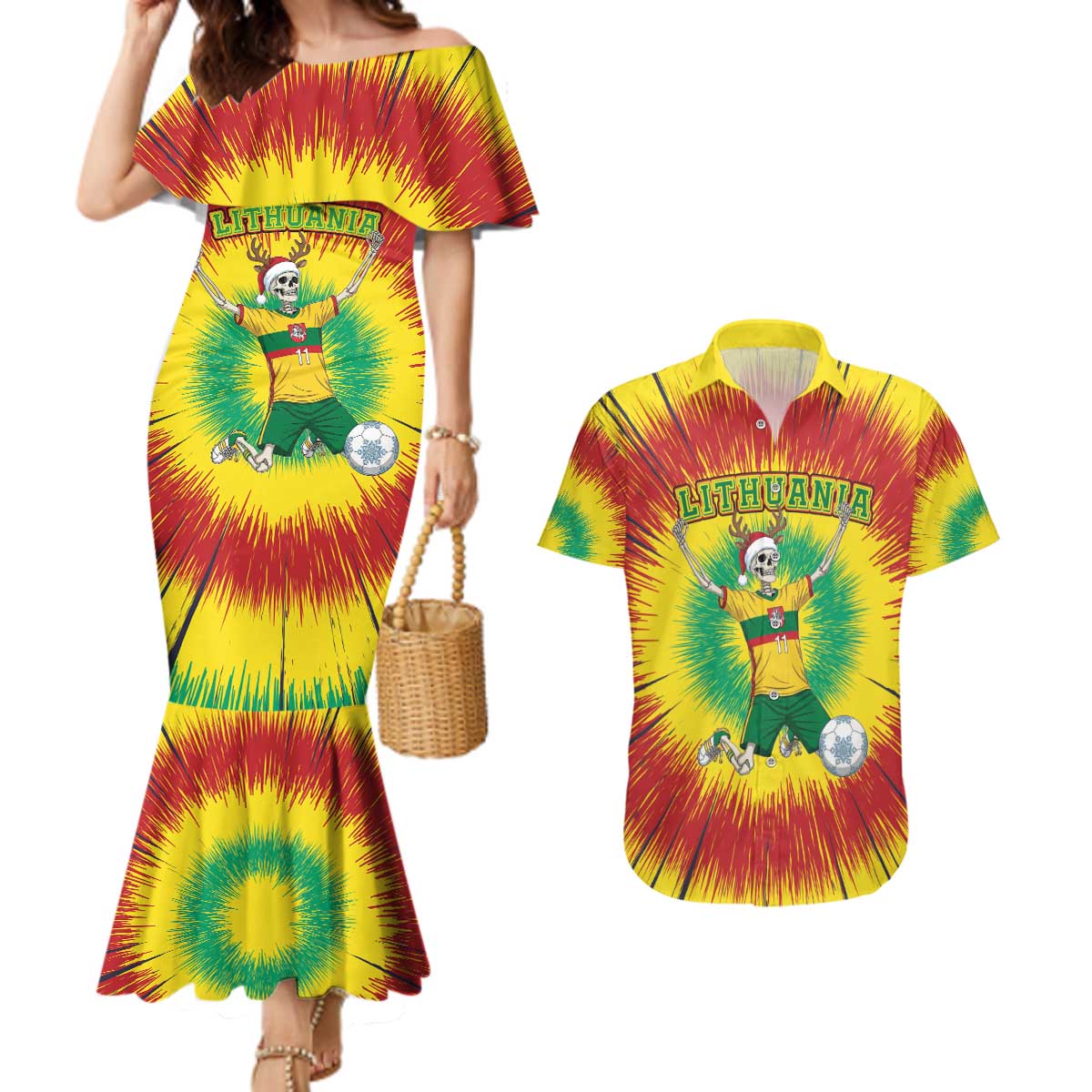 Personalized Lithuania Christmas Tie Dye Couples Matching Mermaid Dress and Hawaiian Shirt Skeleton Soccer Goal Celebration Santa Hat - Wonder Print Shop