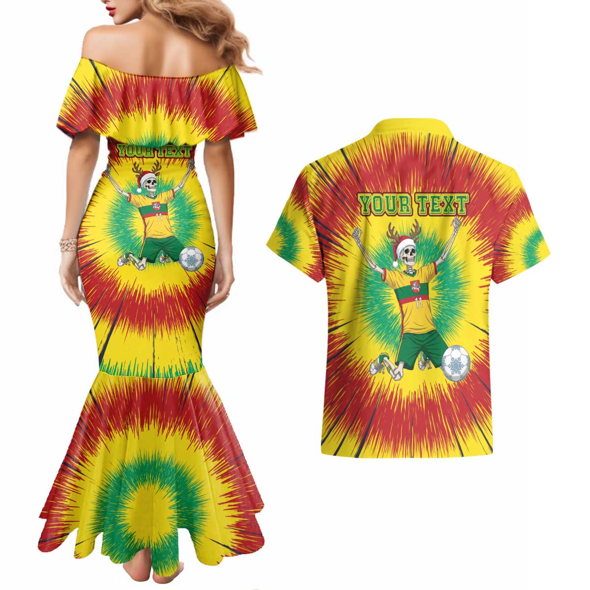 Personalized Lithuania Christmas Tie Dye Couples Matching Mermaid Dress and Hawaiian Shirt Skeleton Soccer Goal Celebration Santa Hat - Wonder Print Shop