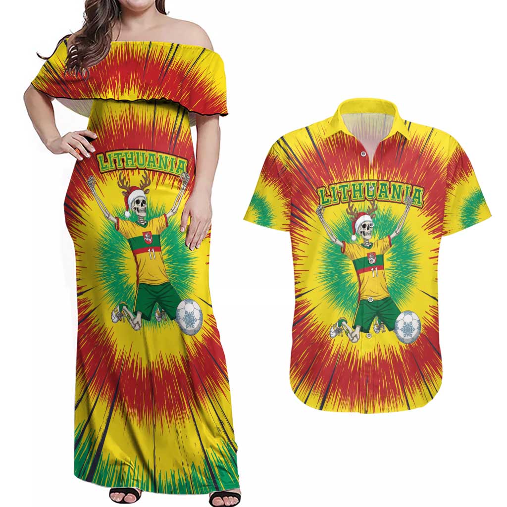 Personalized Lithuania Christmas Tie Dye Couples Matching Off Shoulder Maxi Dress and Hawaiian Shirt Skeleton Soccer Goal Celebration Santa Hat - Wonder Print Shop