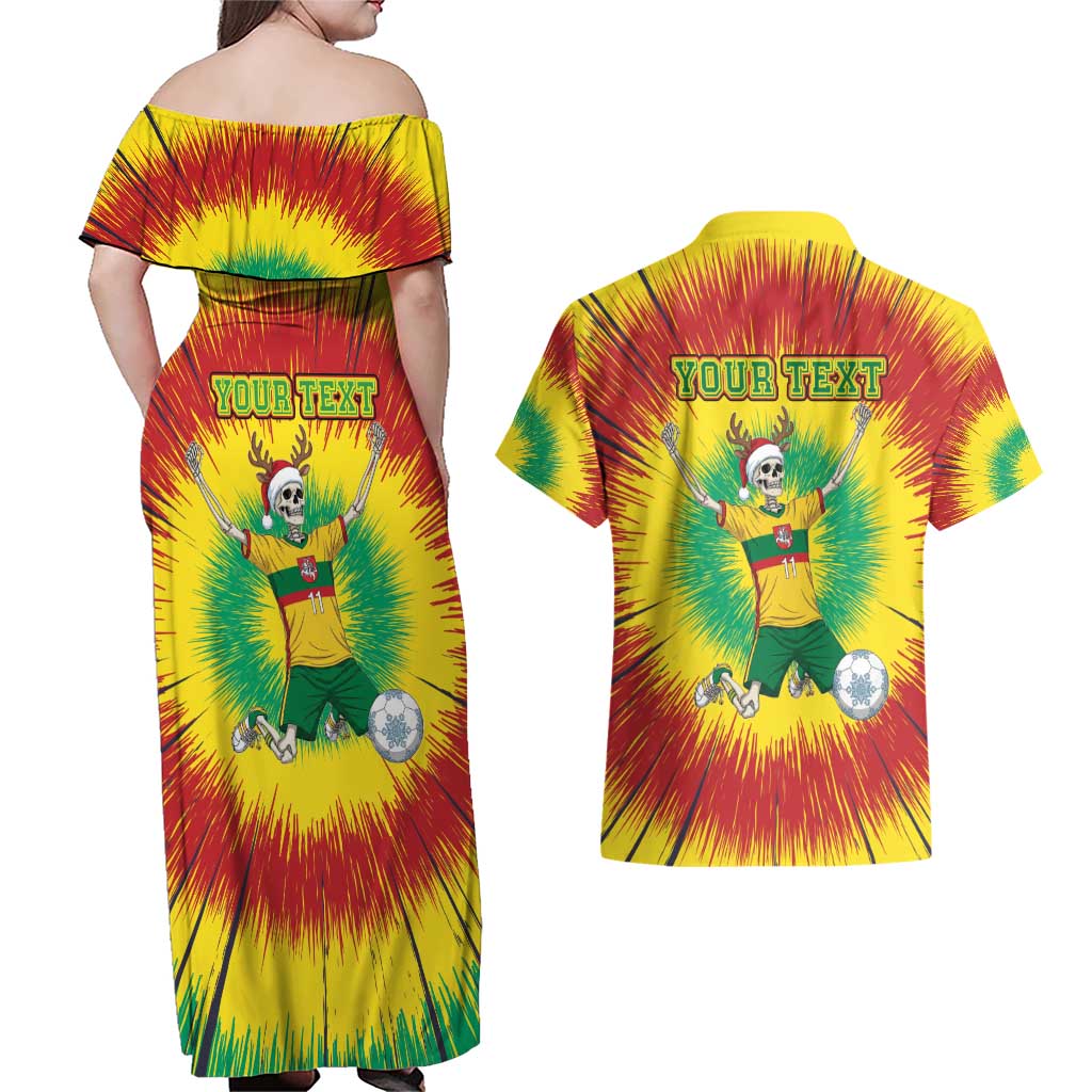 Personalized Lithuania Christmas Tie Dye Couples Matching Off Shoulder Maxi Dress and Hawaiian Shirt Skeleton Soccer Goal Celebration Santa Hat - Wonder Print Shop