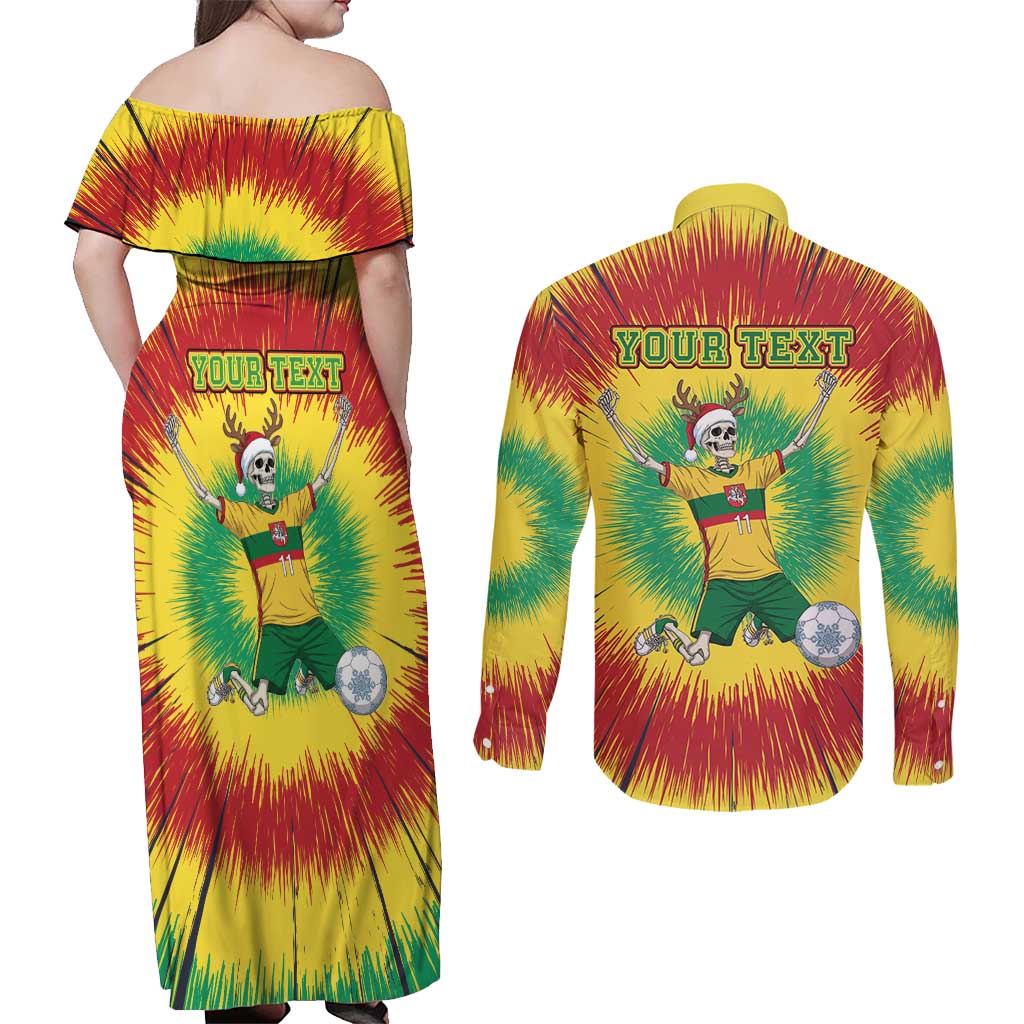 Personalized Lithuania Christmas Tie Dye Couples Matching Off Shoulder Maxi Dress and Long Sleeve Button Shirt Skeleton Soccer Goal Celebration Santa Hat - Wonder Print Shop