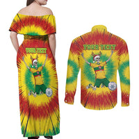 Personalized Lithuania Christmas Tie Dye Couples Matching Off Shoulder Maxi Dress and Long Sleeve Button Shirt Skeleton Soccer Goal Celebration Santa Hat - Wonder Print Shop