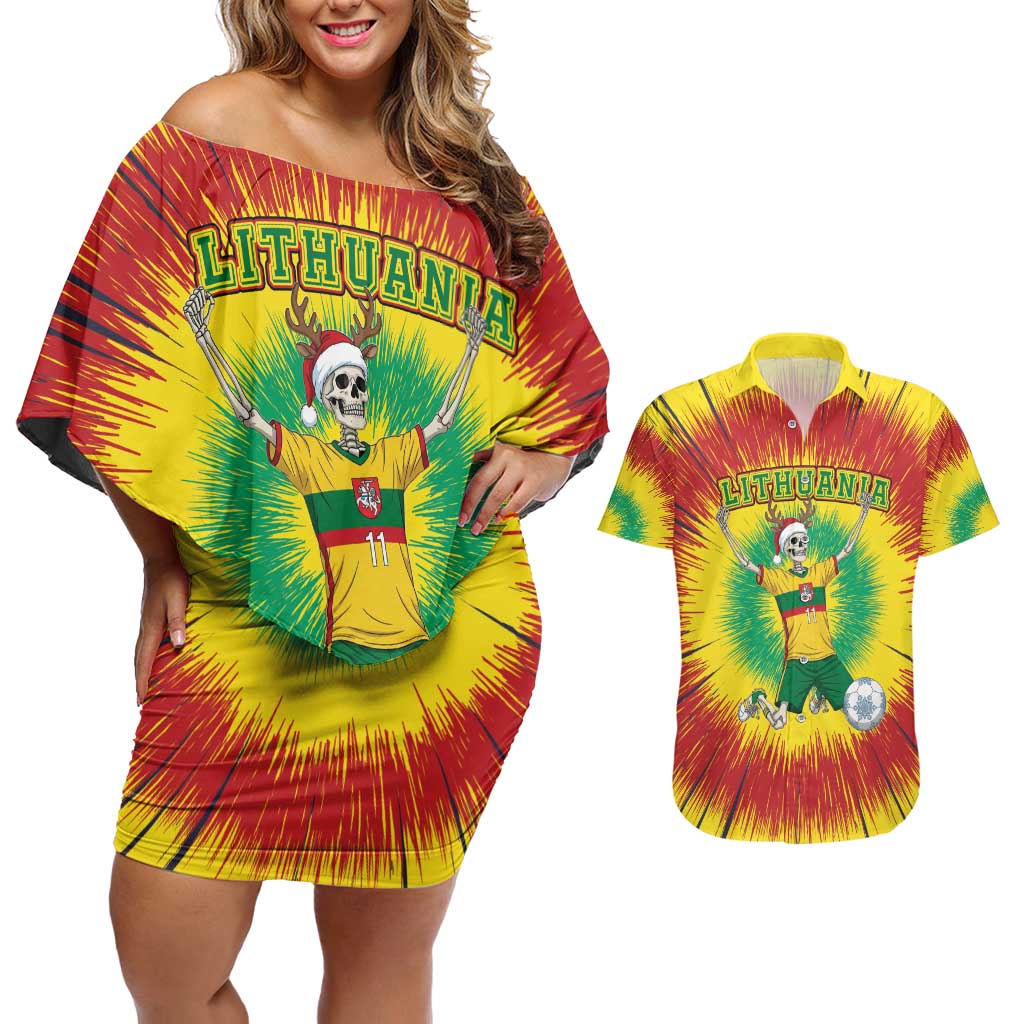 Personalized Lithuania Christmas Tie Dye Couples Matching Off Shoulder Short Dress and Hawaiian Shirt Skeleton Soccer Goal Celebration Santa Hat - Wonder Print Shop