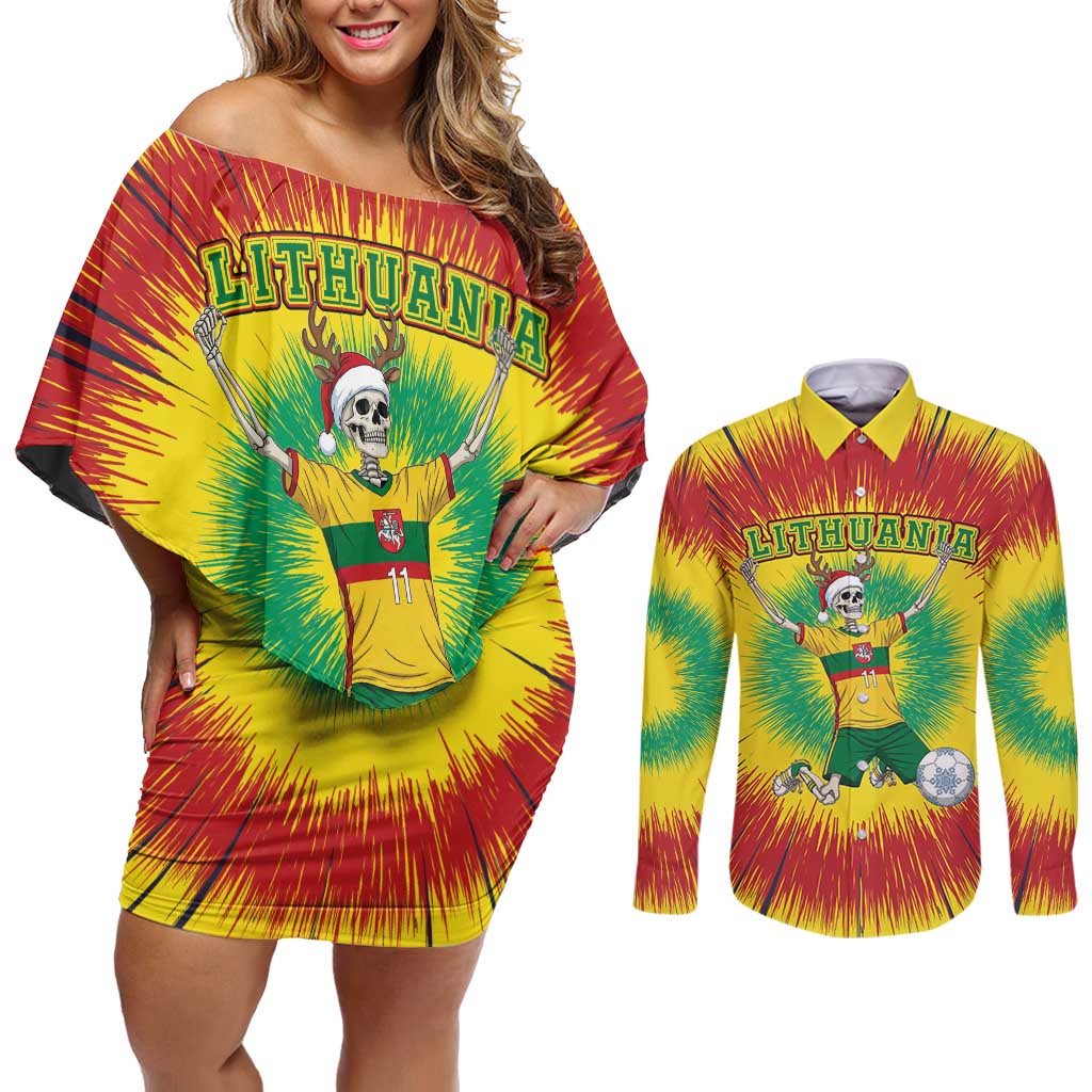 Personalized Lithuania Christmas Tie Dye Couples Matching Off Shoulder Short Dress and Long Sleeve Button Shirt Skeleton Soccer Goal Celebration Santa Hat - Wonder Print Shop