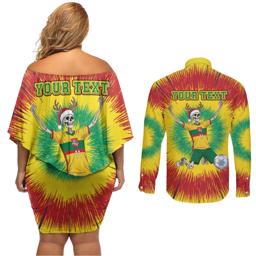 Personalized Lithuania Christmas Tie Dye Couples Matching Off Shoulder Short Dress and Long Sleeve Button Shirt Skeleton Soccer Goal Celebration Santa Hat - Wonder Print Shop