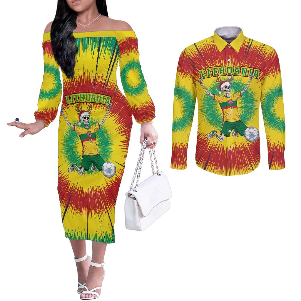 Personalized Lithuania Christmas Tie Dye Couples Matching Off The Shoulder Long Sleeve Dress and Long Sleeve Button Shirt Skeleton Soccer Goal Celebration Santa Hat - Wonder Print Shop