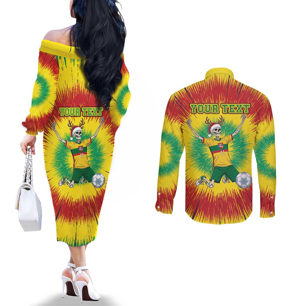 Personalized Lithuania Christmas Tie Dye Couples Matching Off The Shoulder Long Sleeve Dress and Long Sleeve Button Shirt Skeleton Soccer Goal Celebration Santa Hat - Wonder Print Shop