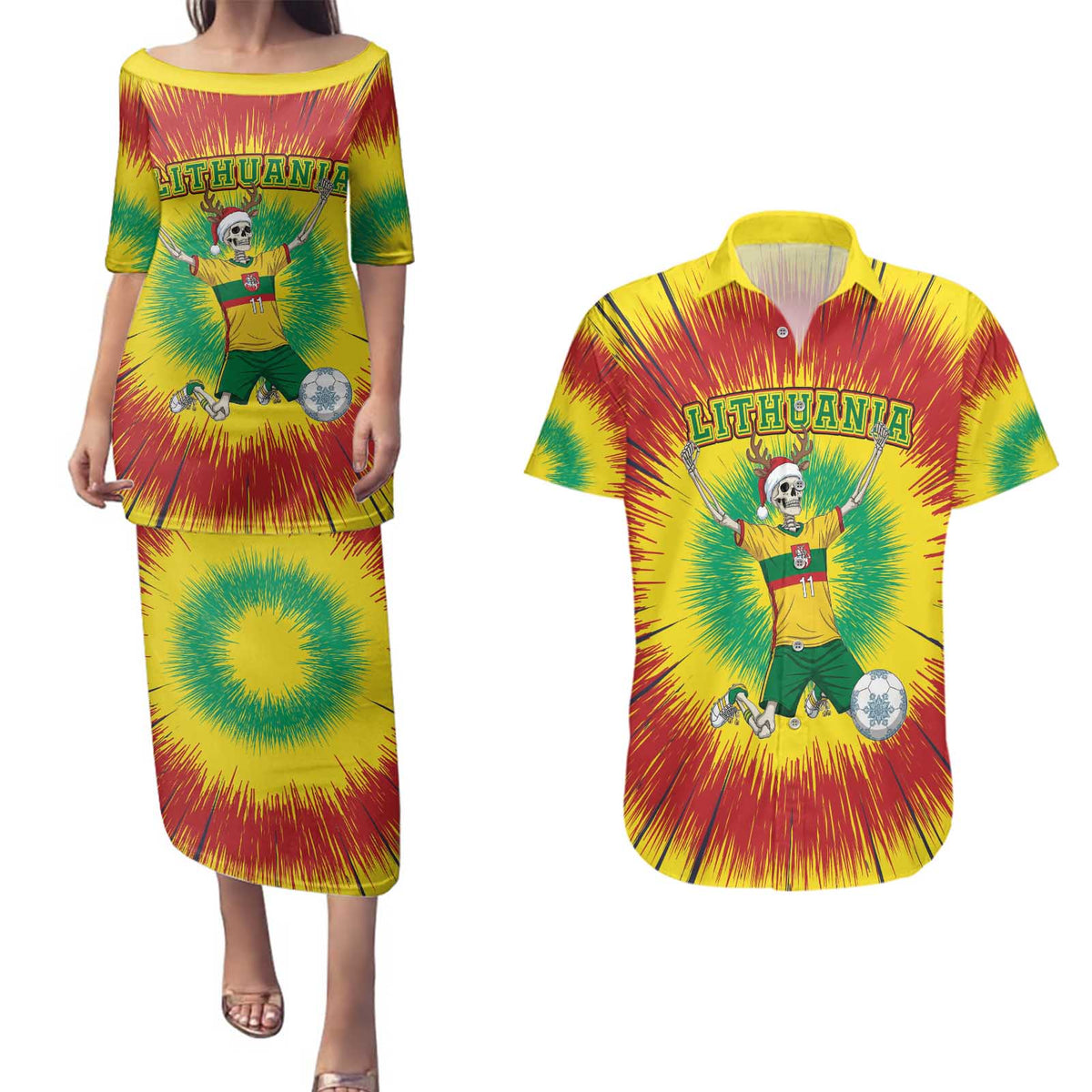 Personalized Lithuania Christmas Tie Dye Couples Matching Puletasi and Hawaiian Shirt Skeleton Soccer Goal Celebration Santa Hat - Wonder Print Shop