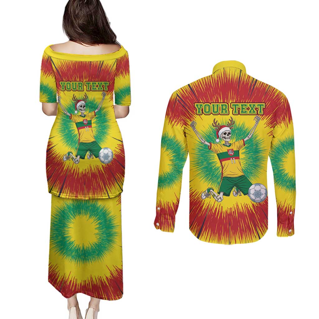 Personalized Lithuania Christmas Tie Dye Couples Matching Puletasi and Long Sleeve Button Shirt Skeleton Soccer Goal Celebration Santa Hat - Wonder Print Shop