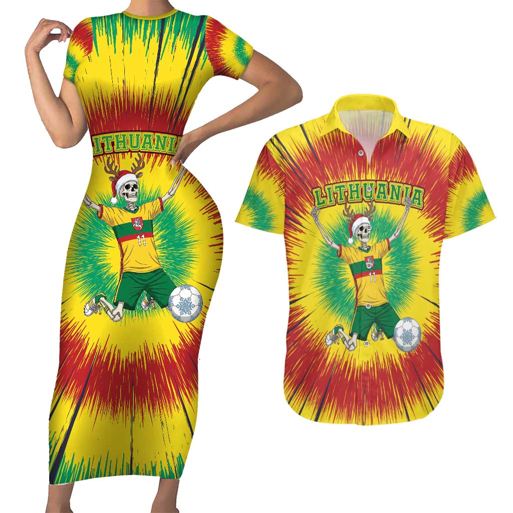 Personalized Lithuania Christmas Tie Dye Couples Matching Short Sleeve Bodycon Dress and Hawaiian Shirt Skeleton Soccer Goal Celebration Santa Hat - Wonder Print Shop
