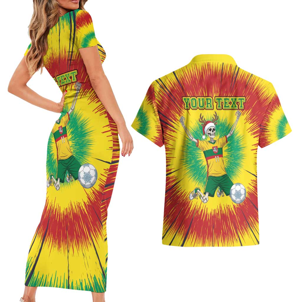 Personalized Lithuania Christmas Tie Dye Couples Matching Short Sleeve Bodycon Dress and Hawaiian Shirt Skeleton Soccer Goal Celebration Santa Hat - Wonder Print Shop