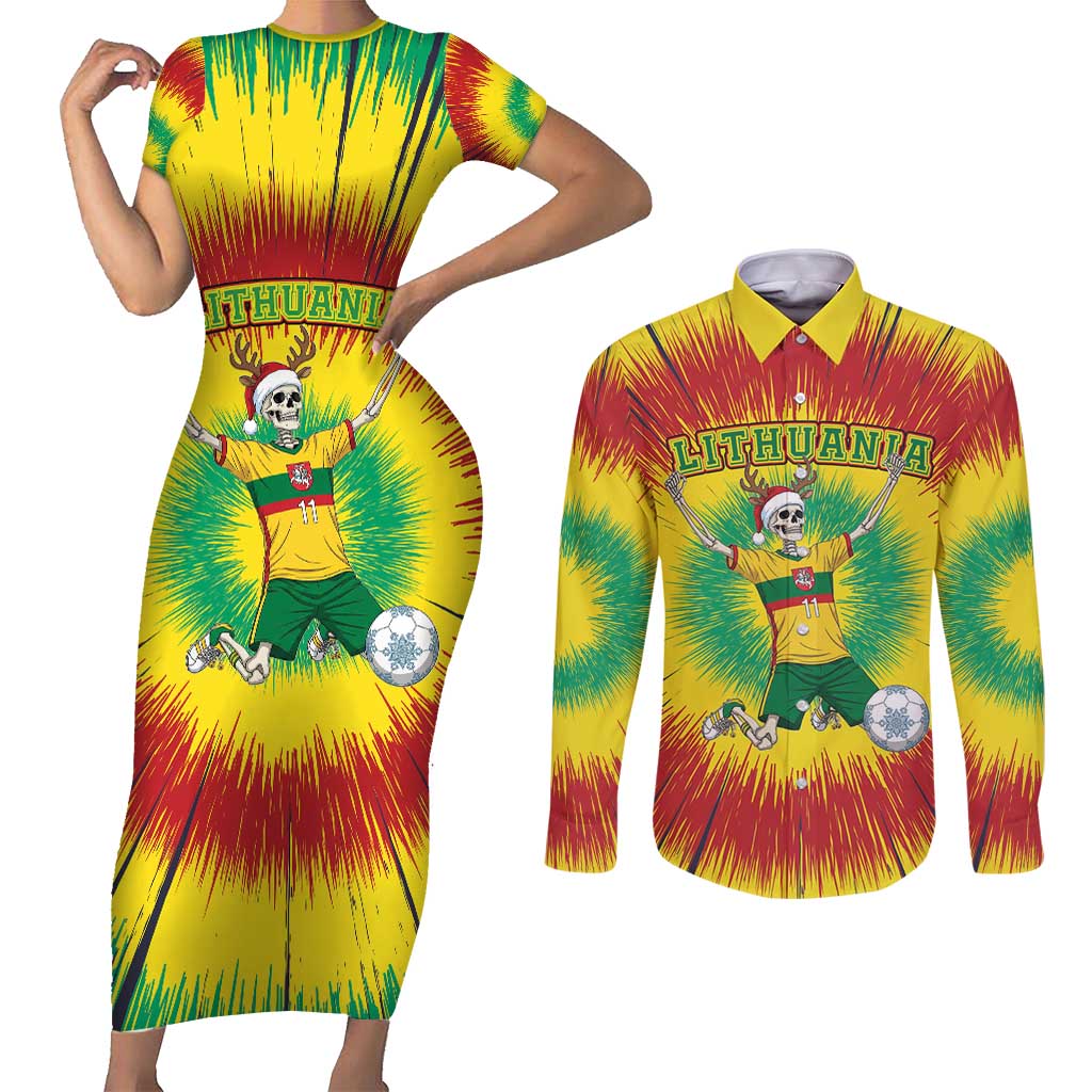 Personalized Lithuania Christmas Tie Dye Couples Matching Short Sleeve Bodycon Dress and Long Sleeve Button Shirt Skeleton Soccer Goal Celebration Santa Hat - Wonder Print Shop