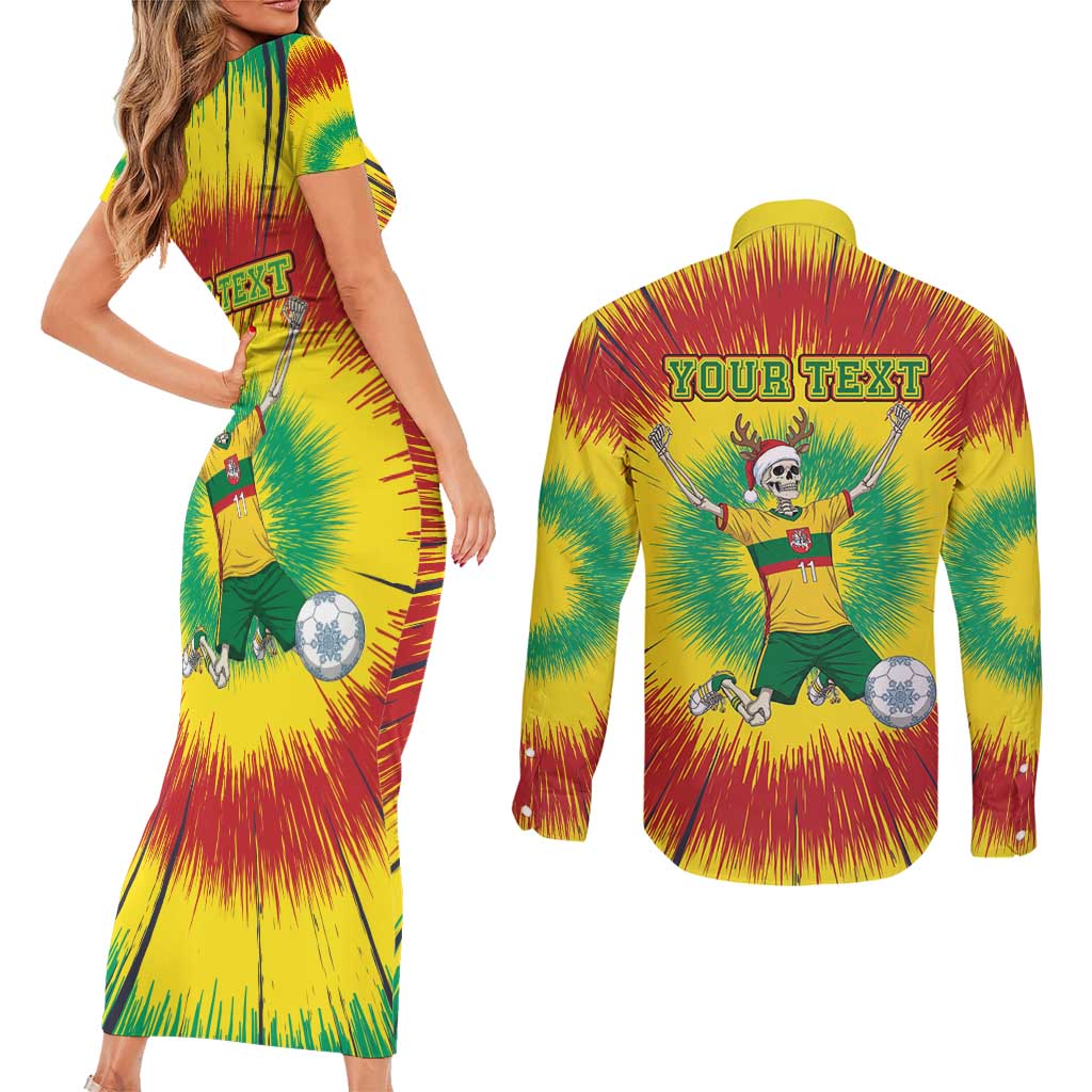Personalized Lithuania Christmas Tie Dye Couples Matching Short Sleeve Bodycon Dress and Long Sleeve Button Shirt Skeleton Soccer Goal Celebration Santa Hat - Wonder Print Shop