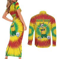 Personalized Lithuania Christmas Tie Dye Couples Matching Short Sleeve Bodycon Dress and Long Sleeve Button Shirt Skeleton Soccer Goal Celebration Santa Hat - Wonder Print Shop