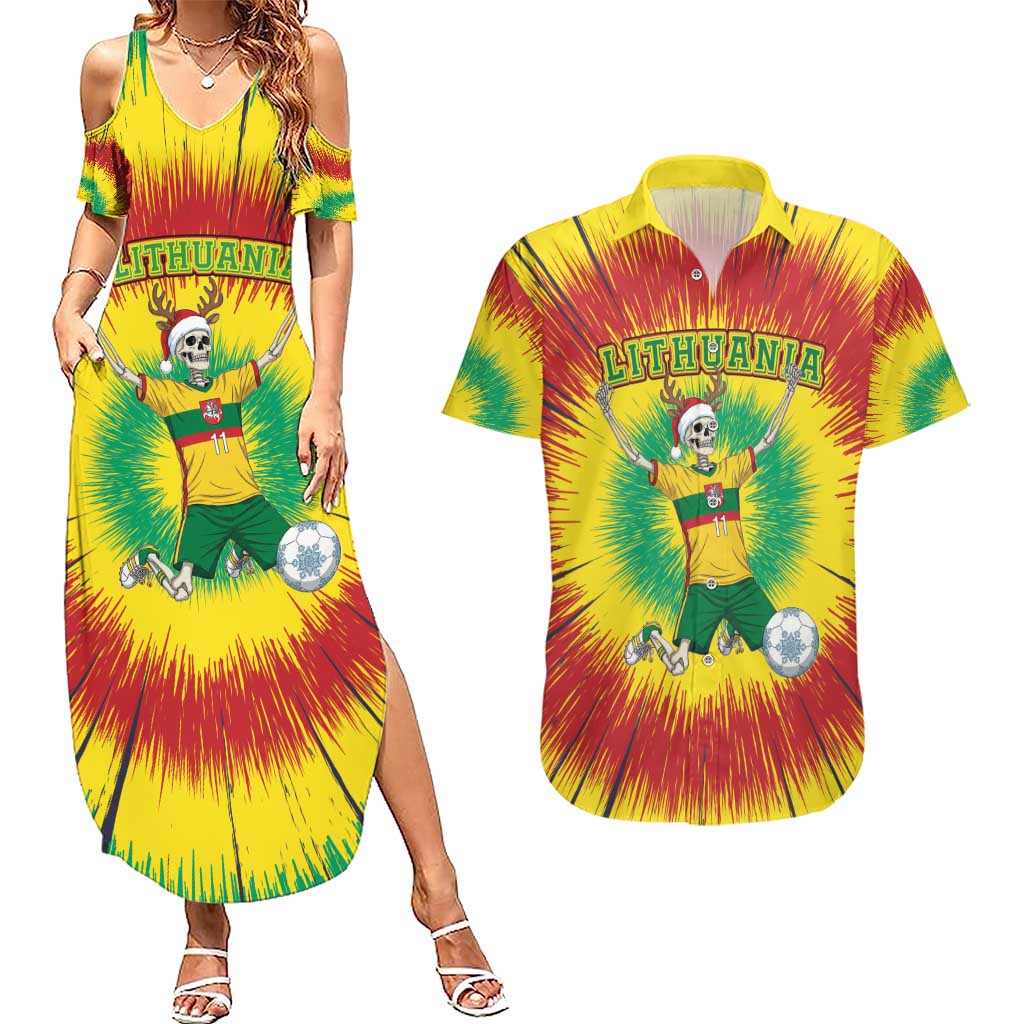 Personalized Lithuania Christmas Tie Dye Couples Matching Summer Maxi Dress and Hawaiian Shirt Skeleton Soccer Goal Celebration Santa Hat - Wonder Print Shop