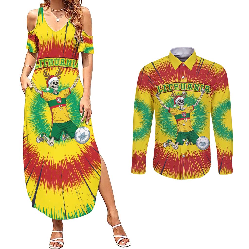 Personalized Lithuania Christmas Tie Dye Couples Matching Summer Maxi Dress and Long Sleeve Button Shirt Skeleton Soccer Goal Celebration Santa Hat - Wonder Print Shop