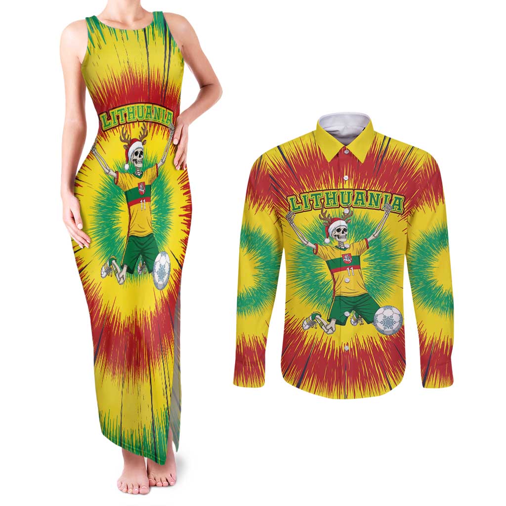 Personalized Lithuania Christmas Tie Dye Couples Matching Tank Maxi Dress and Long Sleeve Button Shirt Skeleton Soccer Goal Celebration Santa Hat - Wonder Print Shop