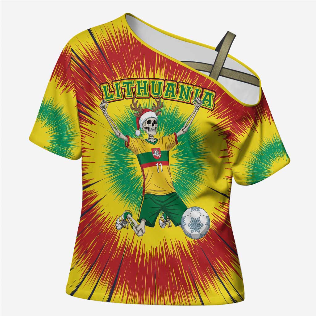 Personalized Lithuania Christmas Tie Dye Cross Shoulder Shirt Skeleton Soccer Goal Celebration Santa Hat - Wonder Print Shop