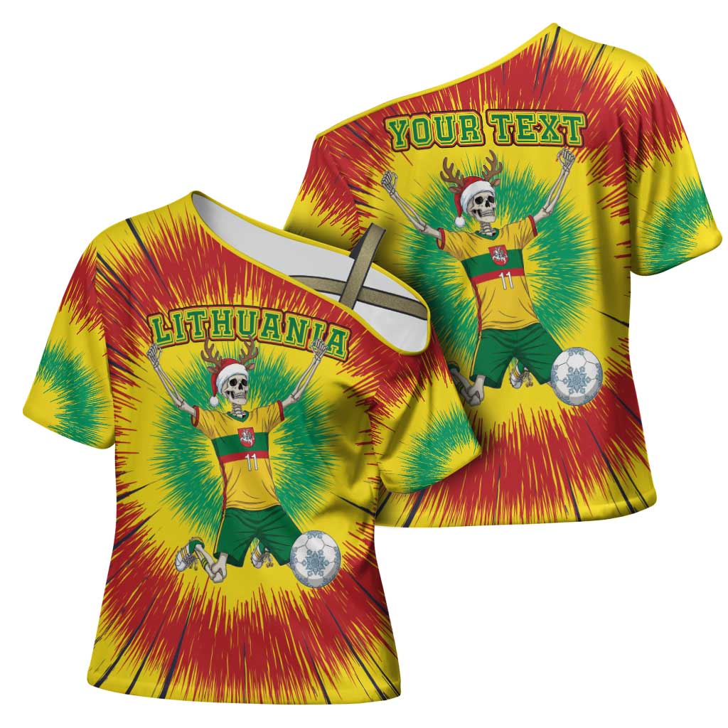 Personalized Lithuania Christmas Tie Dye Cross Shoulder Shirt Skeleton Soccer Goal Celebration Santa Hat - Wonder Print Shop
