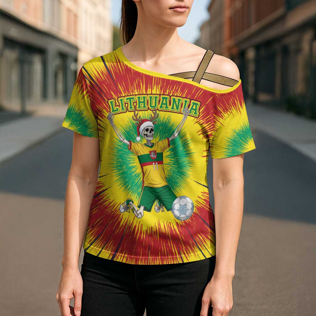 Personalized Lithuania Christmas Tie Dye Cross Shoulder Shirt Skeleton Soccer Goal Celebration Santa Hat - Wonder Print Shop