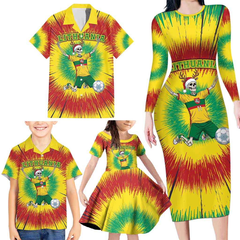 Personalized Lithuania Christmas Tie Dye Family Matching Long Sleeve Bodycon Dress and Hawaiian Shirt Skeleton Soccer Goal Celebration Santa Hat - Wonder Print Shop