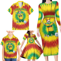 Personalized Lithuania Christmas Tie Dye Family Matching Long Sleeve Bodycon Dress and Hawaiian Shirt Skeleton Soccer Goal Celebration Santa Hat - Wonder Print Shop