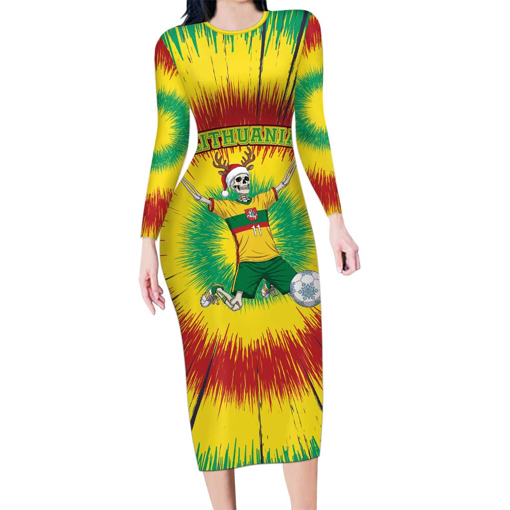 Personalized Lithuania Christmas Tie Dye Family Matching Long Sleeve Bodycon Dress and Hawaiian Shirt Skeleton Soccer Goal Celebration Santa Hat - Wonder Print Shop