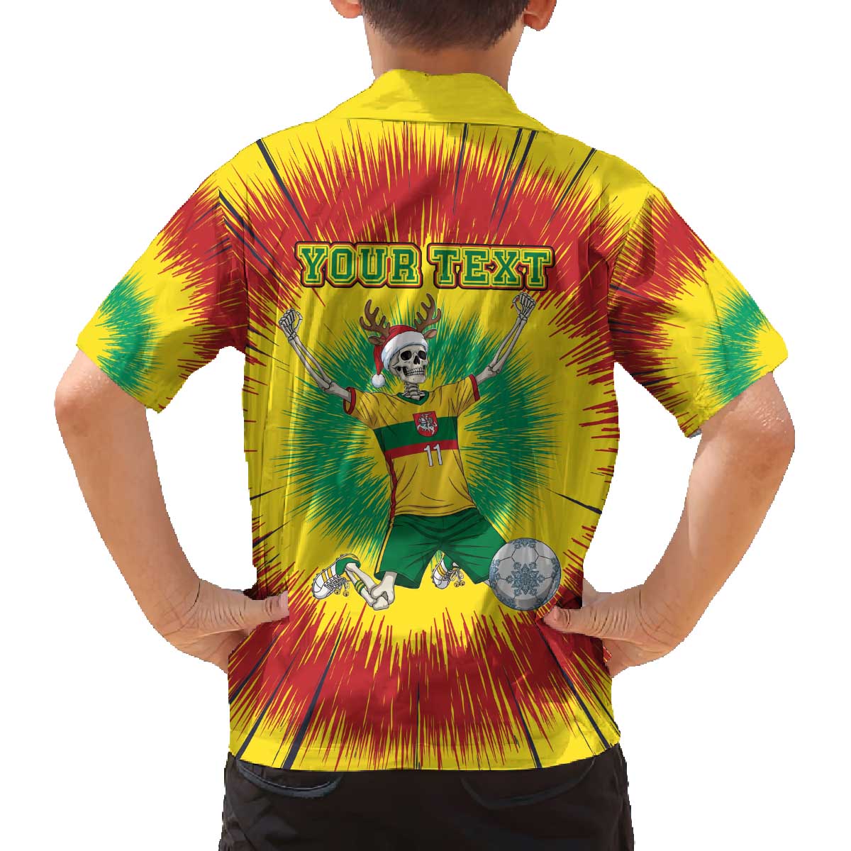 Personalized Lithuania Christmas Tie Dye Family Matching Off The Shoulder Long Sleeve Dress and Hawaiian Shirt Skeleton Soccer Goal Celebration Santa Hat - Wonder Print Shop