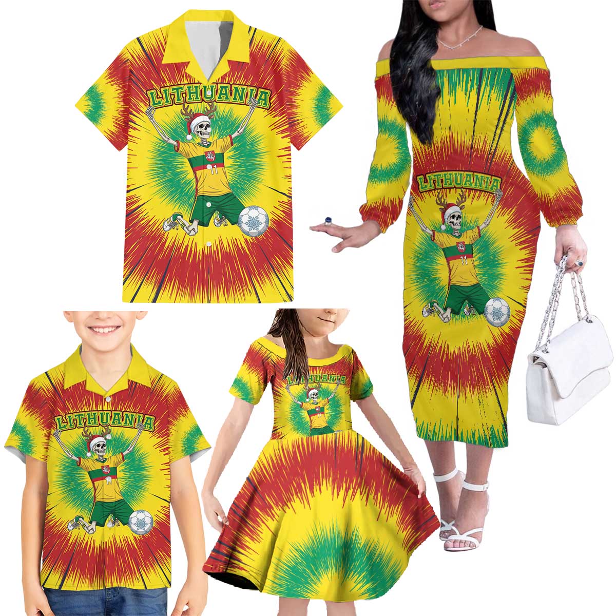 Personalized Lithuania Christmas Tie Dye Family Matching Off The Shoulder Long Sleeve Dress and Hawaiian Shirt Skeleton Soccer Goal Celebration Santa Hat - Wonder Print Shop