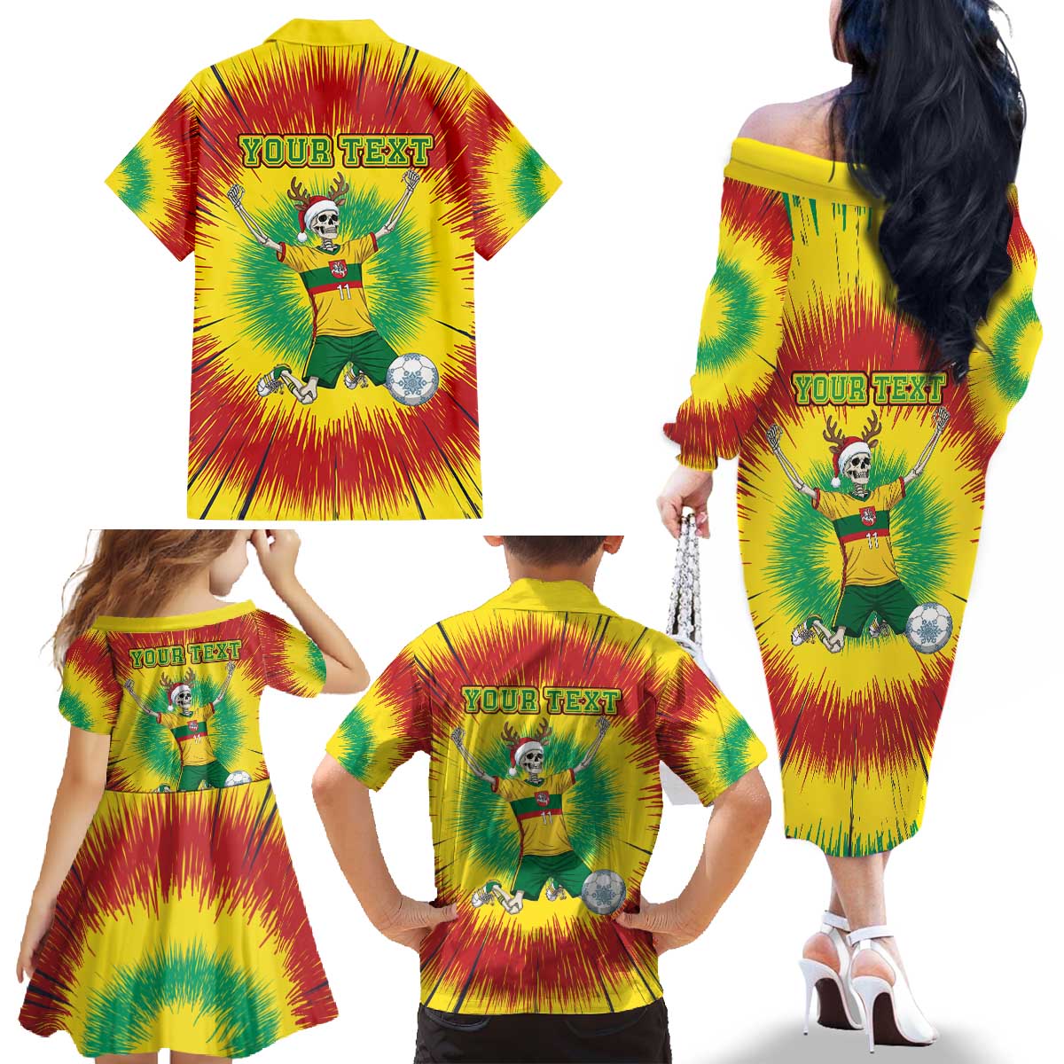 Personalized Lithuania Christmas Tie Dye Family Matching Off The Shoulder Long Sleeve Dress and Hawaiian Shirt Skeleton Soccer Goal Celebration Santa Hat - Wonder Print Shop