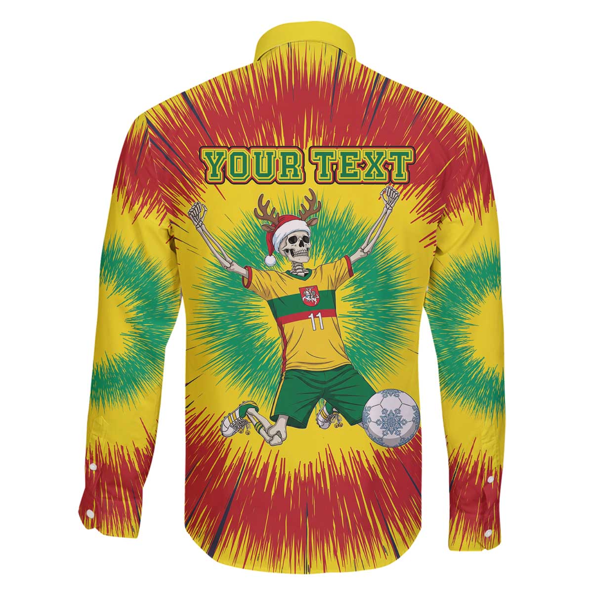 Personalized Lithuania Christmas Tie Dye Family Matching Off The Shoulder Long Sleeve Dress and Hawaiian Shirt Skeleton Soccer Goal Celebration Santa Hat - Wonder Print Shop