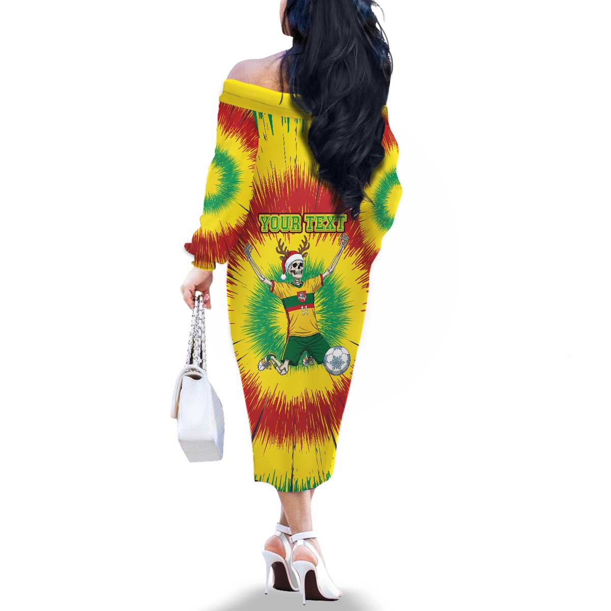 Personalized Lithuania Christmas Tie Dye Family Matching Off The Shoulder Long Sleeve Dress and Hawaiian Shirt Skeleton Soccer Goal Celebration Santa Hat - Wonder Print Shop