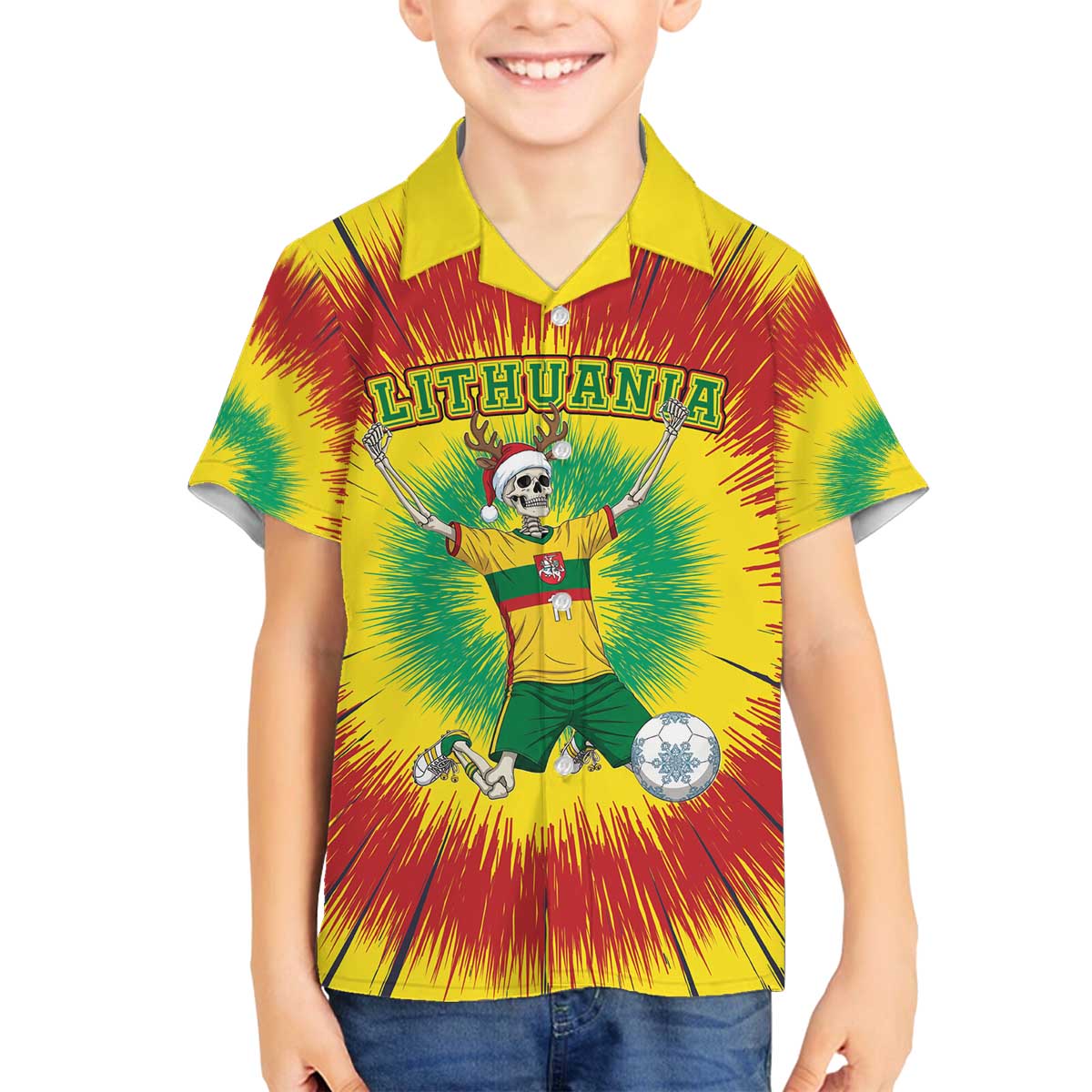 Personalized Lithuania Christmas Tie Dye Family Matching Off The Shoulder Long Sleeve Dress and Hawaiian Shirt Skeleton Soccer Goal Celebration Santa Hat - Wonder Print Shop