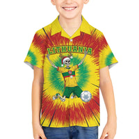 Personalized Lithuania Christmas Tie Dye Family Matching Off The Shoulder Long Sleeve Dress and Hawaiian Shirt Skeleton Soccer Goal Celebration Santa Hat - Wonder Print Shop