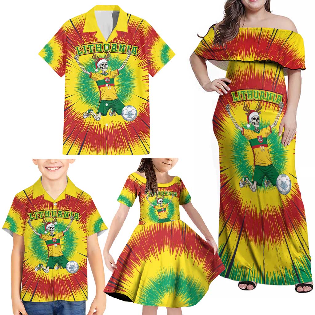 Personalized Lithuania Christmas Tie Dye Family Matching Off Shoulder Maxi Dress and Hawaiian Shirt Skeleton Soccer Goal Celebration Santa Hat - Wonder Print Shop