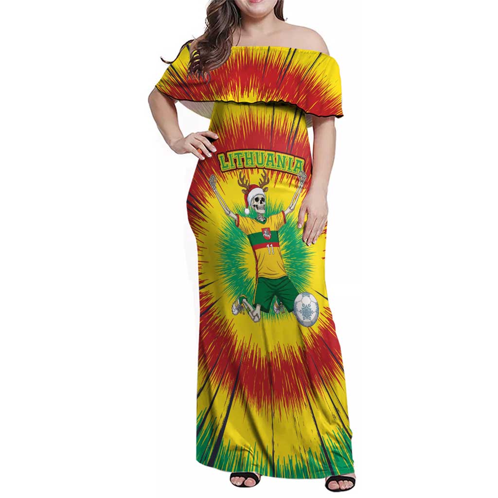 Personalized Lithuania Christmas Tie Dye Family Matching Off Shoulder Maxi Dress and Hawaiian Shirt Skeleton Soccer Goal Celebration Santa Hat - Wonder Print Shop