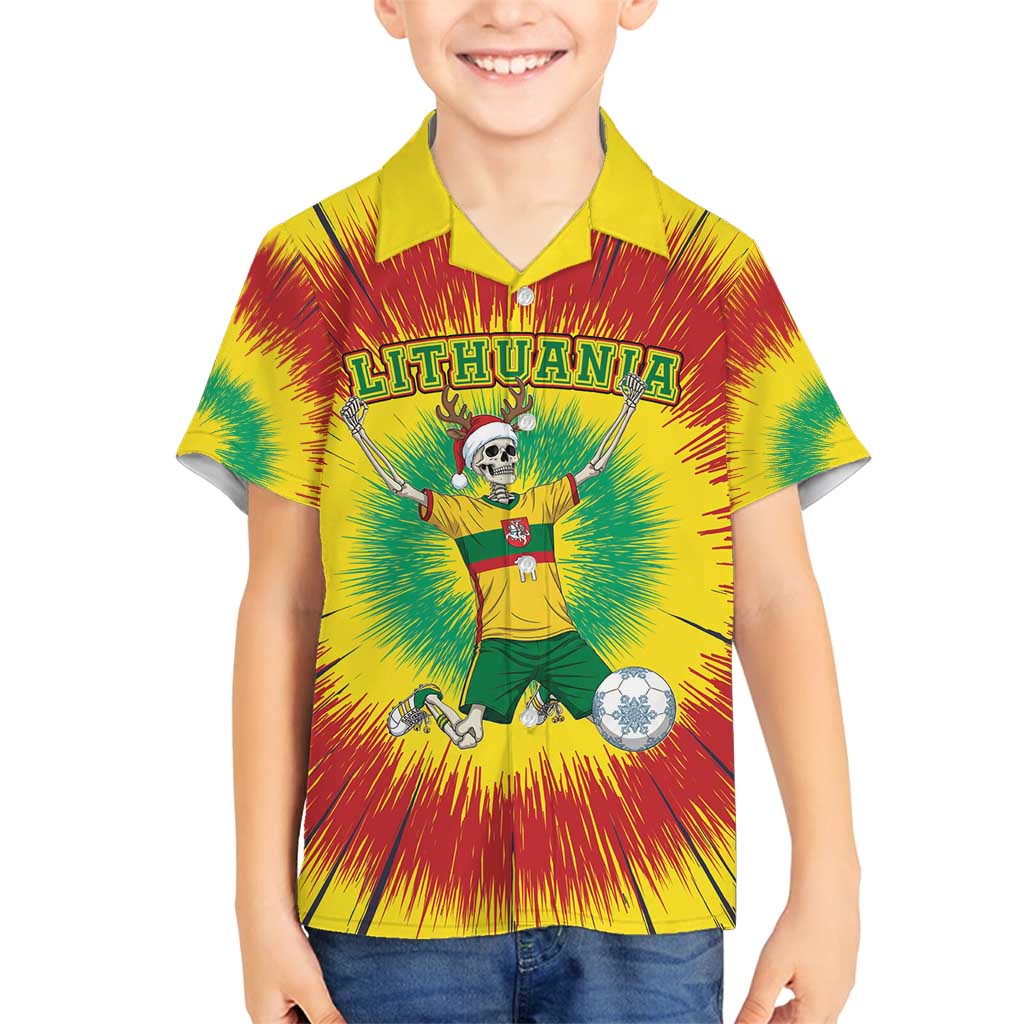 Personalized Lithuania Christmas Tie Dye Family Matching Off Shoulder Maxi Dress and Hawaiian Shirt Skeleton Soccer Goal Celebration Santa Hat - Wonder Print Shop