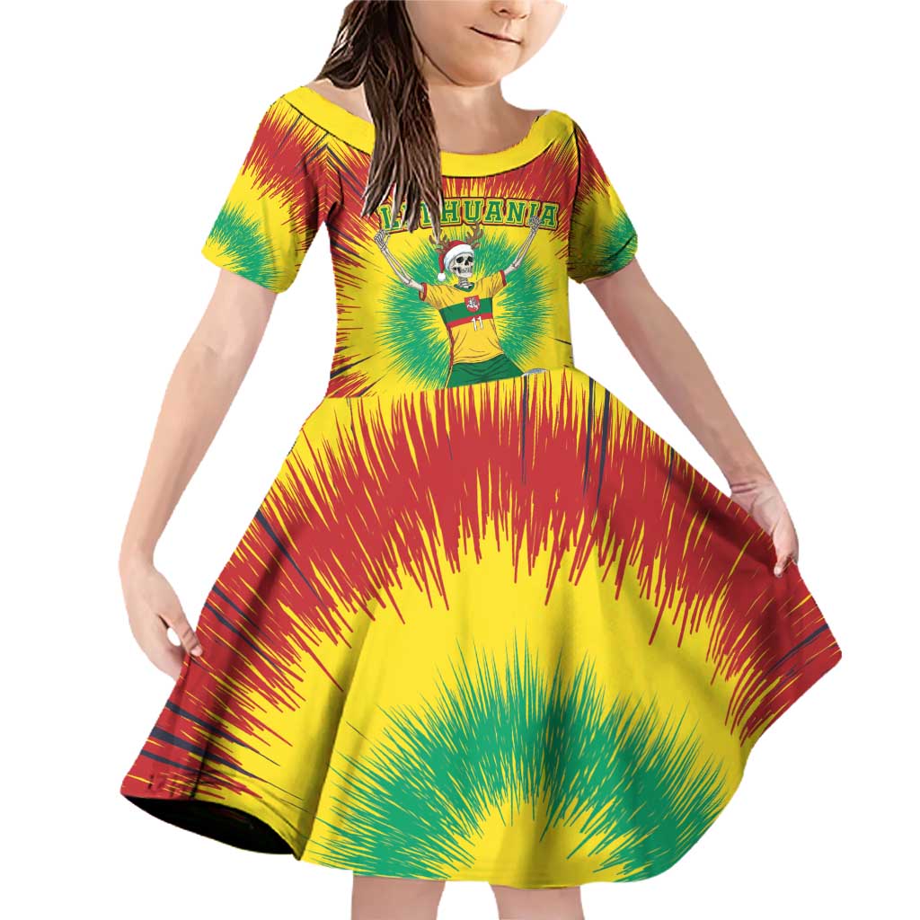 Personalized Lithuania Christmas Tie Dye Family Matching Off Shoulder Short Dress and Hawaiian Shirt Skeleton Soccer Goal Celebration Santa Hat - Wonder Print Shop