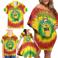 Personalized Lithuania Christmas Tie Dye Family Matching Off Shoulder Short Dress and Hawaiian Shirt Skeleton Soccer Goal Celebration Santa Hat - Wonder Print Shop