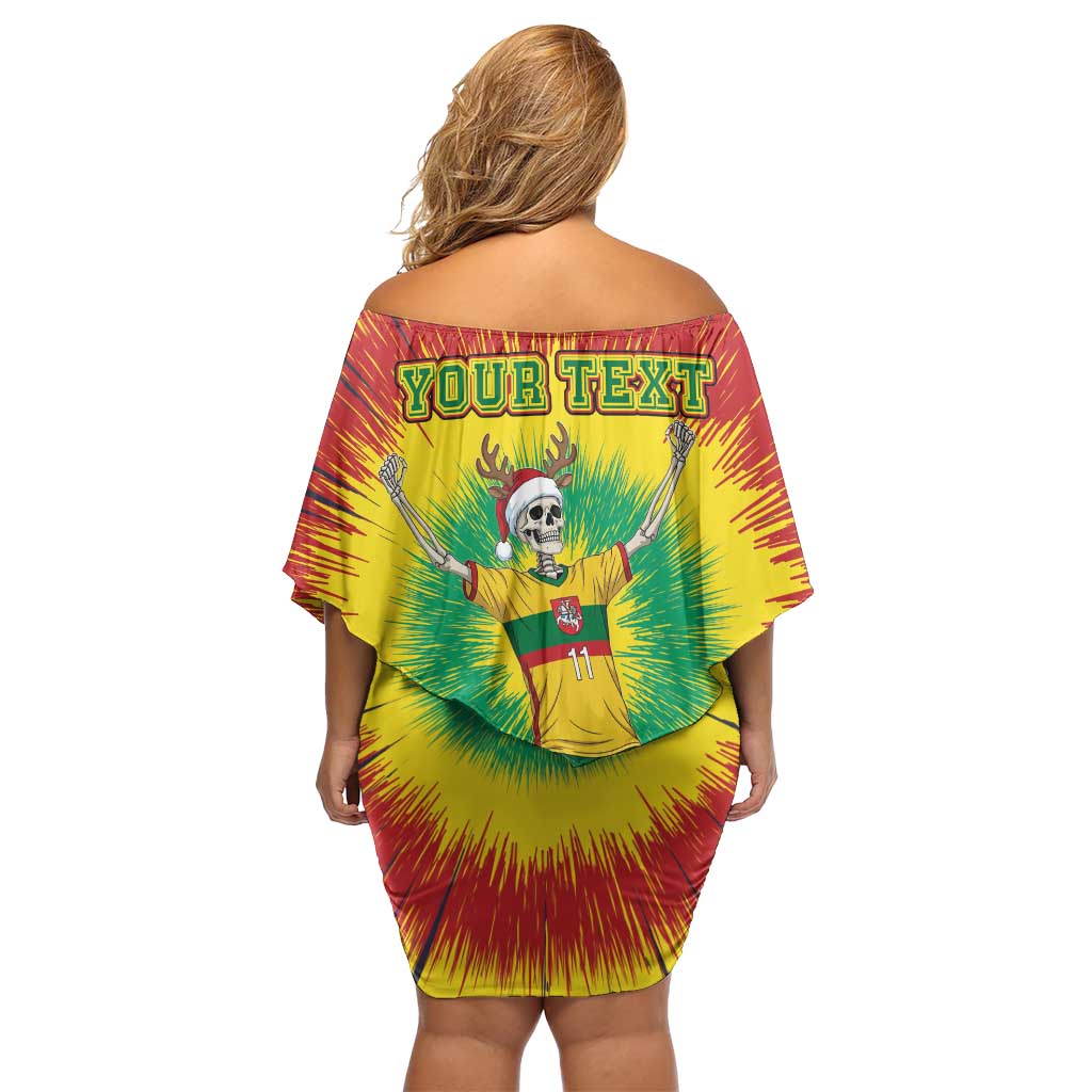 Personalized Lithuania Christmas Tie Dye Family Matching Off Shoulder Short Dress and Hawaiian Shirt Skeleton Soccer Goal Celebration Santa Hat - Wonder Print Shop