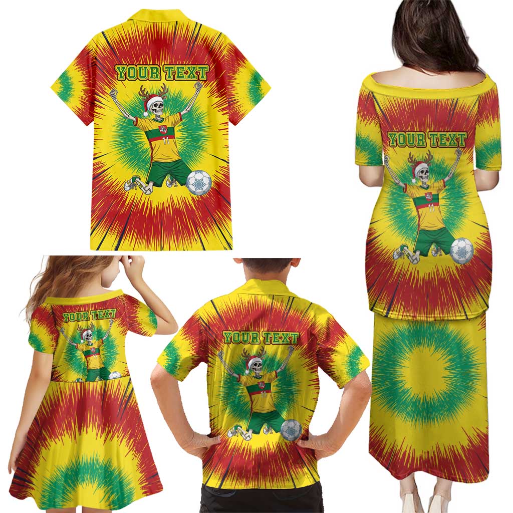 Personalized Lithuania Christmas Tie Dye Family Matching Puletasi and Hawaiian Shirt Skeleton Soccer Goal Celebration Santa Hat - Wonder Print Shop