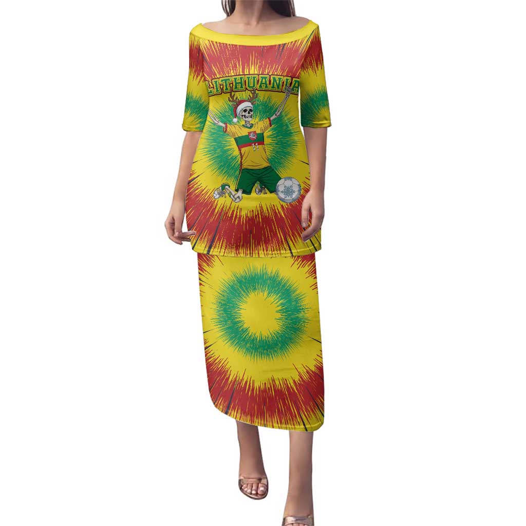Personalized Lithuania Christmas Tie Dye Family Matching Puletasi and Hawaiian Shirt Skeleton Soccer Goal Celebration Santa Hat - Wonder Print Shop